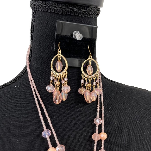 No Label Pink Beaded Stone Necklace & Earring Set - Picture 2 of 5